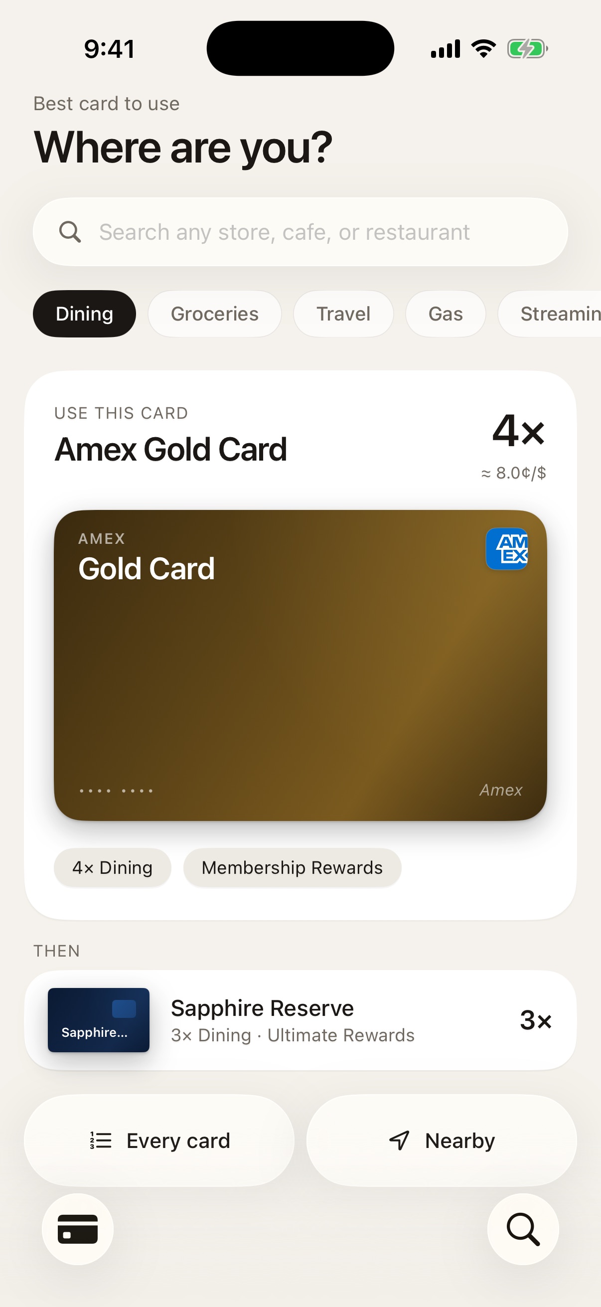 cardful's Best Card screen for Dining: the Amex Gold Card wins at 4× (≈ 8.0¢ per dollar), with Sapphire Reserve next at 3×.