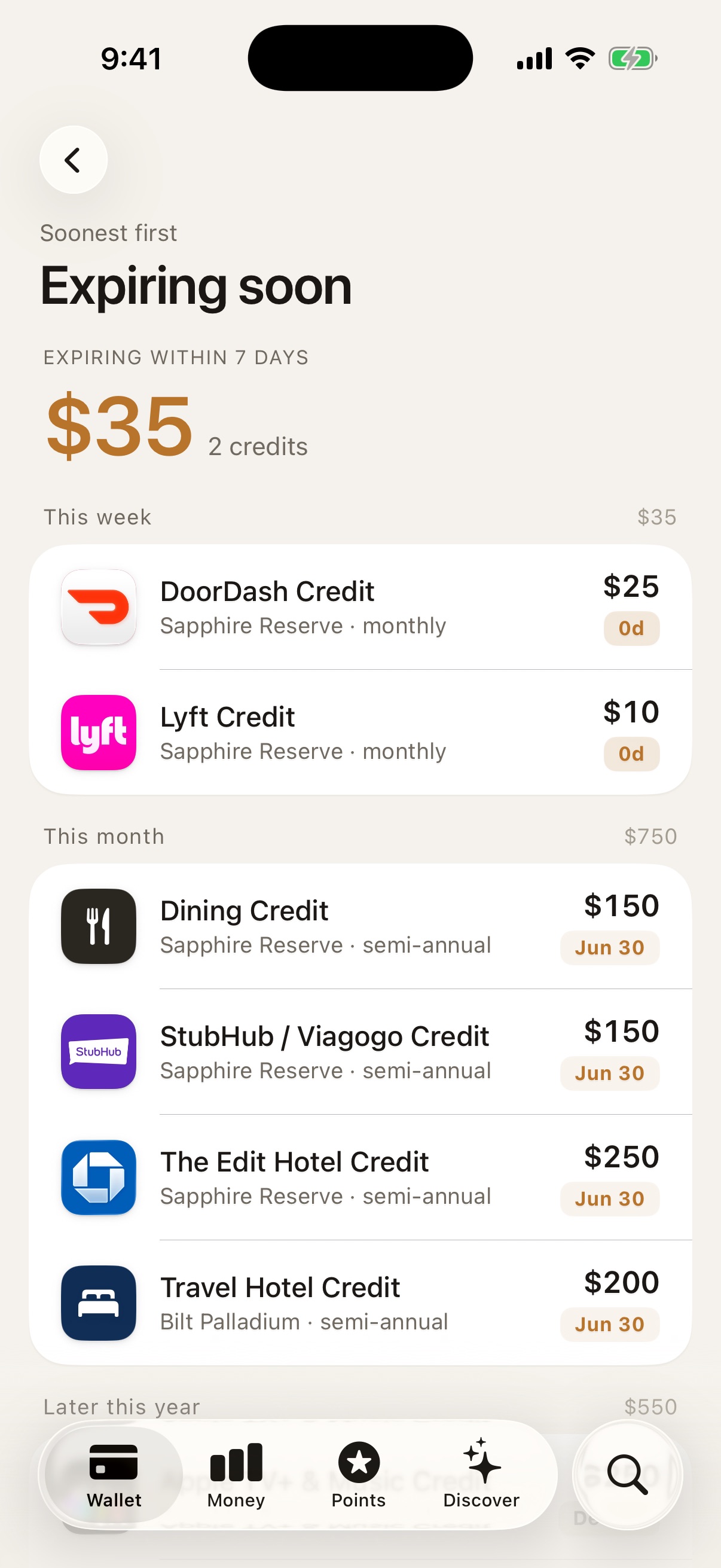 cardful's Expiring soon screen: $35 across 2 credits due within 7 days — a $25 DoorDash and $10 Lyft credit on Sapphire Reserve, both expiring today.