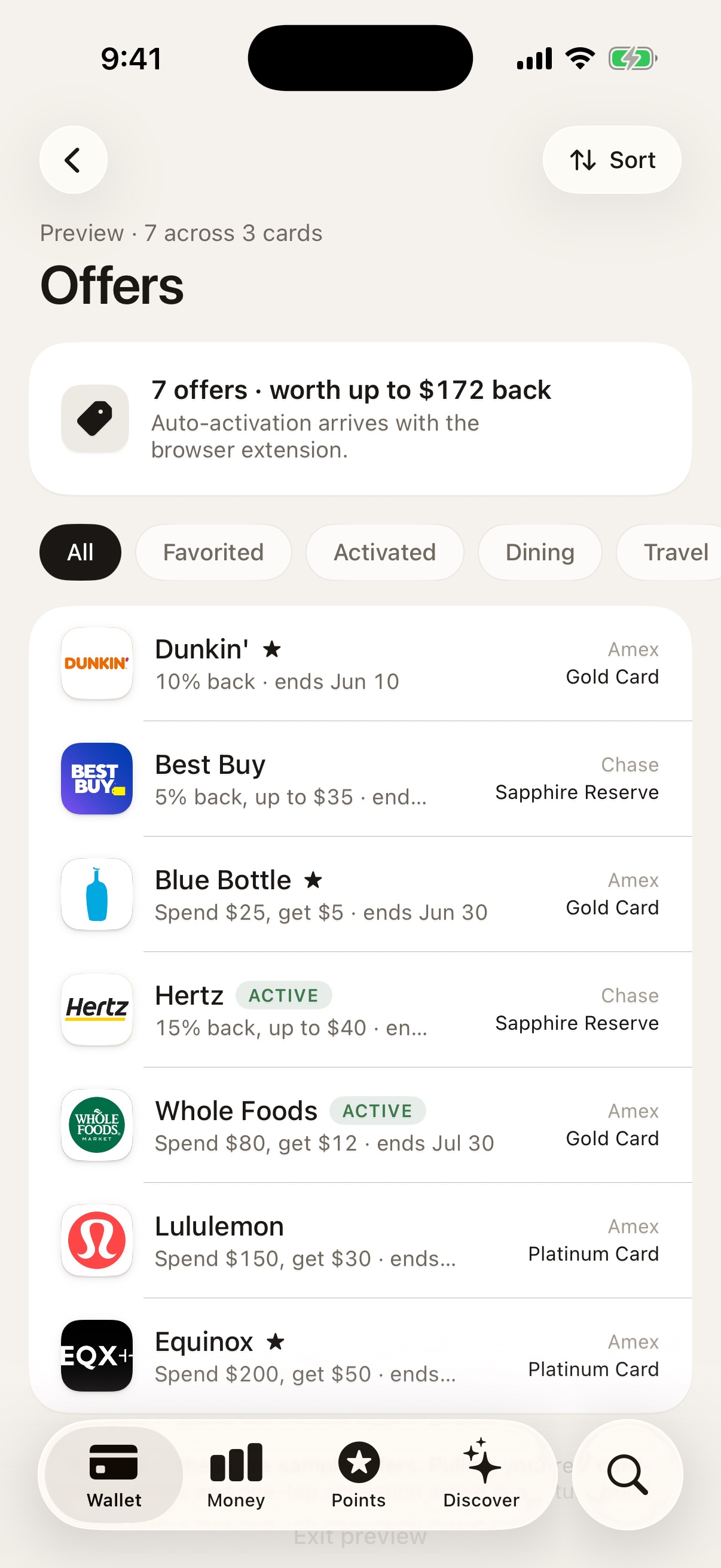 cardful's Offers feed: 7 offers across 3 cards worth up to $172 back — Dunkin', Best Buy, Blue Bottle, Hertz, Whole Foods and more, each tagged with its card.