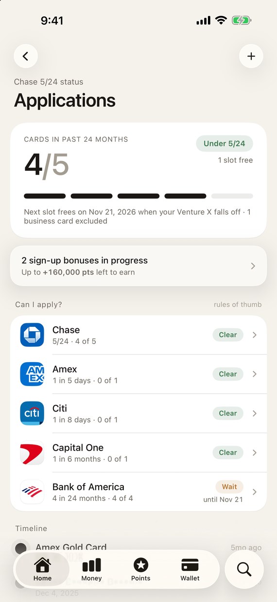 Applications: 4 of 5 Chase slots used, one free, next slot opens Nov 21 when the Venture X falls off, two sign-up bonuses in progress, and a Can I apply list per issuer.