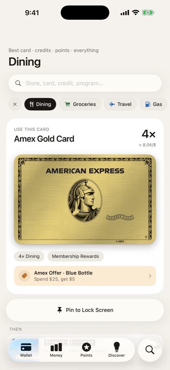 Best-card screen for Dining: Amex Gold wins at 4×, about 8.0 cents per dollar, with an active Blue Bottle offer flagged separately.
