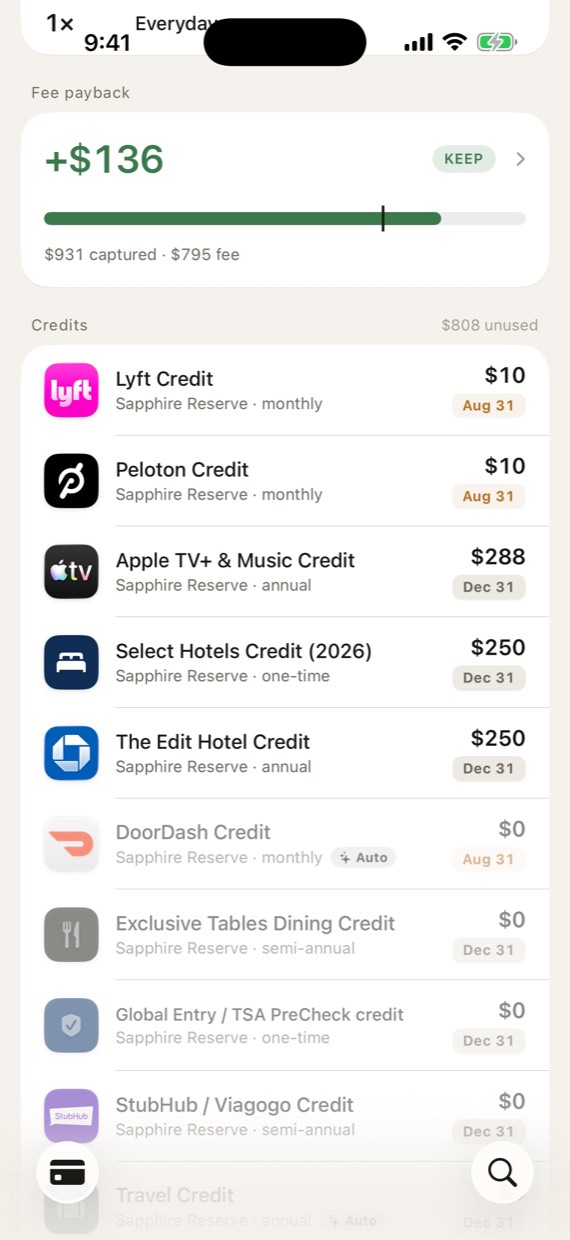Fee-payback screen: plus $136 with a KEEP verdict, $931 captured against a $795 fee, above the card's credit list.
