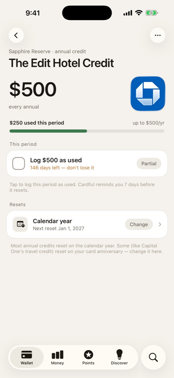Credit detail for The Edit Hotel Credit on Sapphire Reserve: $500 every annual period, $250 used this period, 146 days left, with a calendar-year reset that can be changed to the card anniversary.