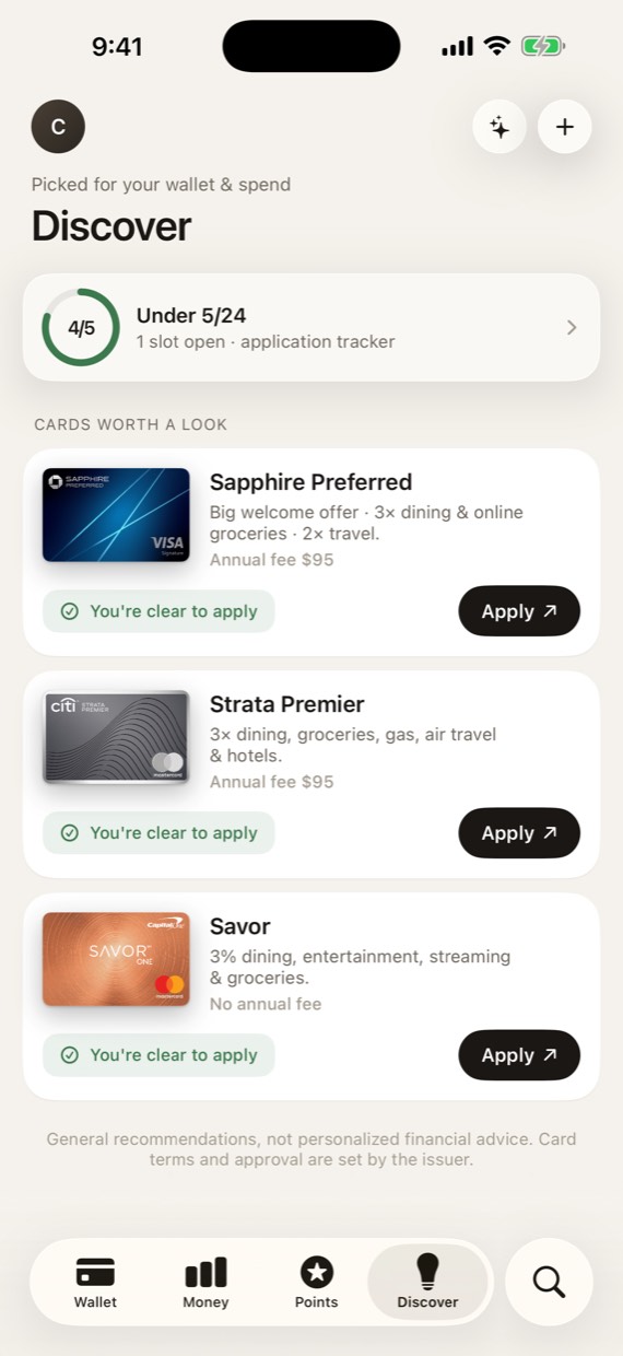 Discover tab: an Under 5/24 status ring reading 4 of 5 with one slot open and a link to the application tracker, above three cards worth a look each marked you're clear to apply.