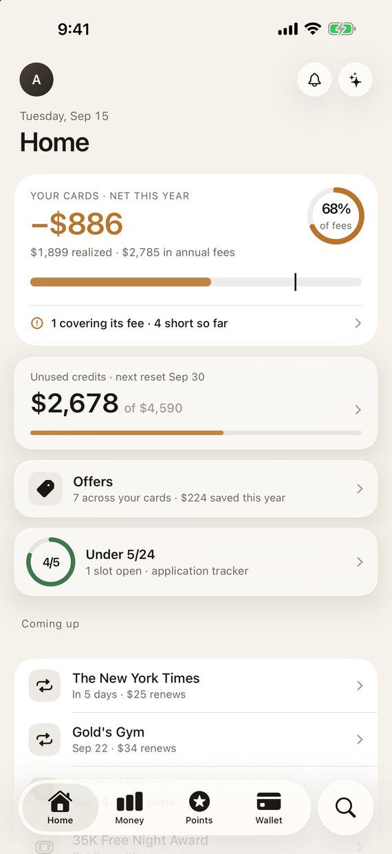 Home dashboard: net this year against annual fees, $2,678 of $4,590 in unused credits, offers, a 4 of 5 slots 5/24 ring, and what is coming up.
