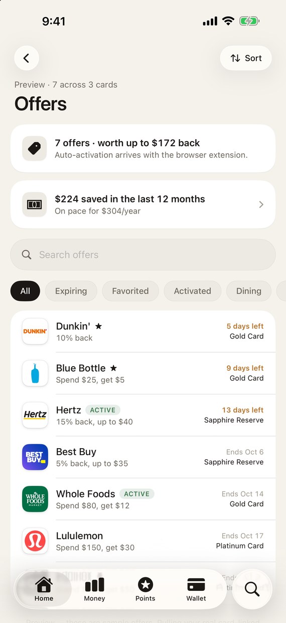 Offers: 7 across 3 cards worth up to $172 back, sorted by days left.