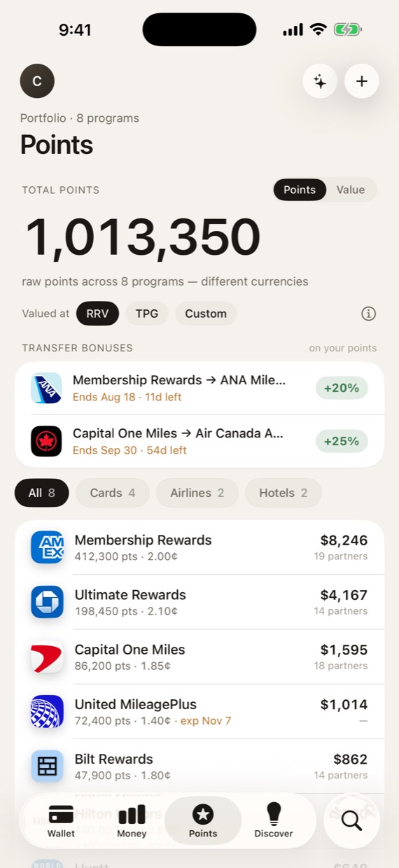 Points portfolio: 1,013,350 points across 8 programs valued by Frequent Miler RRV, with two live transfer bonuses at the top.