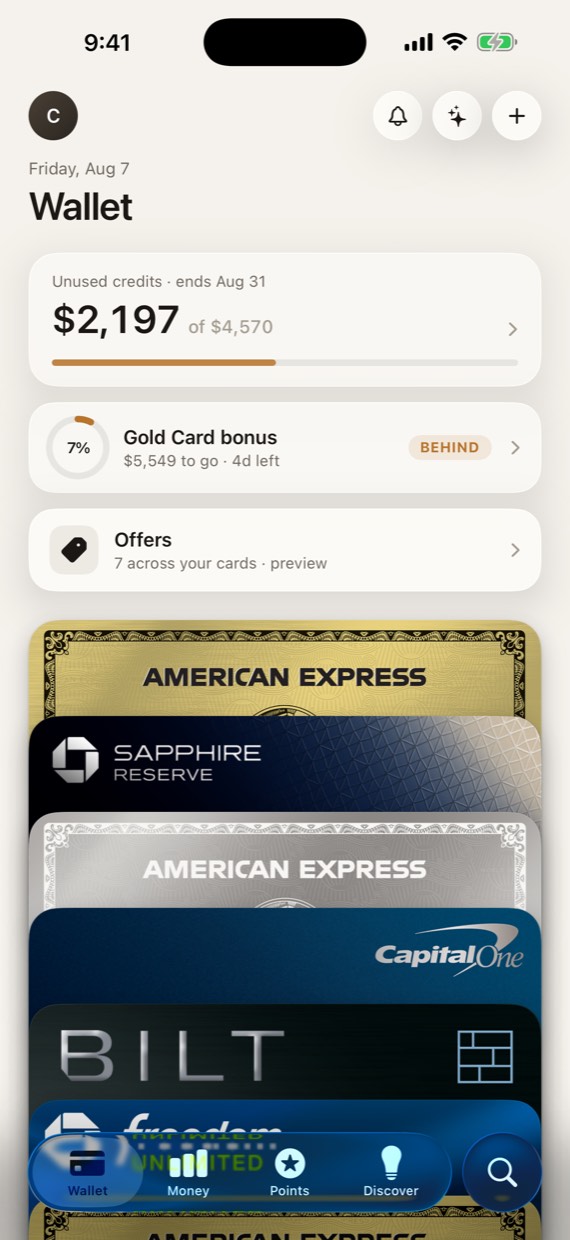 The Cardful wallet screen: $2,197 of $4,570 in unused credits, welcome-bonus progress at 7% with $5,549 to go, an offers row, and a stack of cards shown in their real card art.