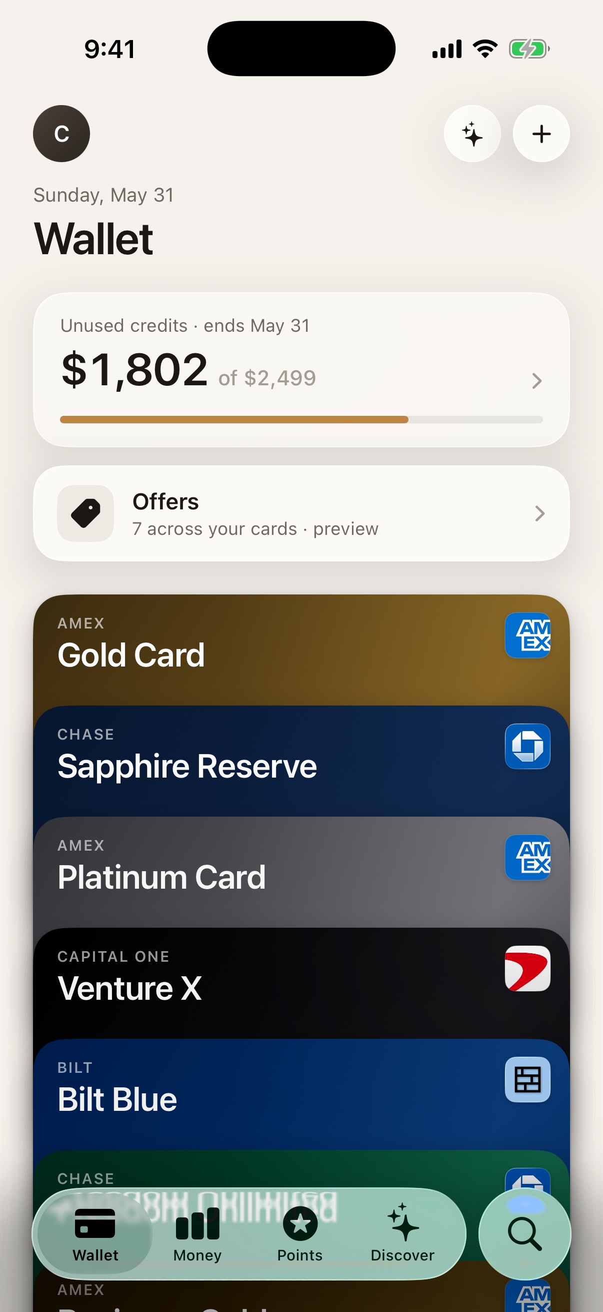 The cardful wallet: each card shown with its real issuer logo, above the money-on-the-table summary.